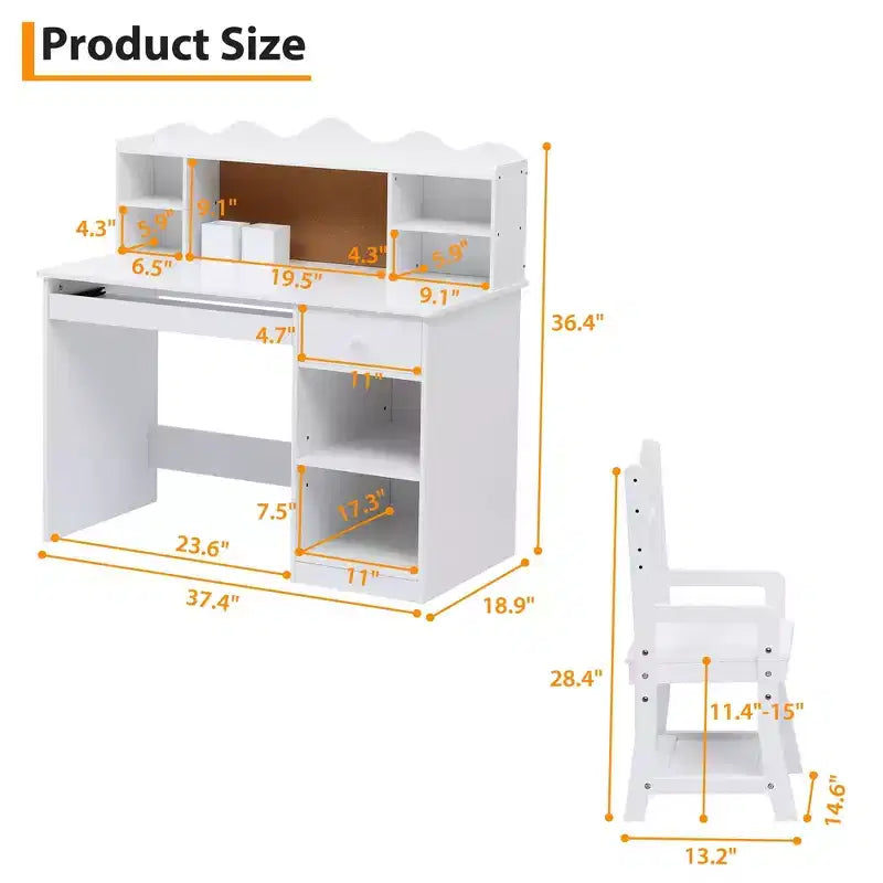 Set Scrivania e Sedia Regolabili per Bambini con Credenza, Bacheca in Sughero, Vassoio Tastiera e 2 Portapenne - Tavolo di Apprendimento Scolastico per Bambini