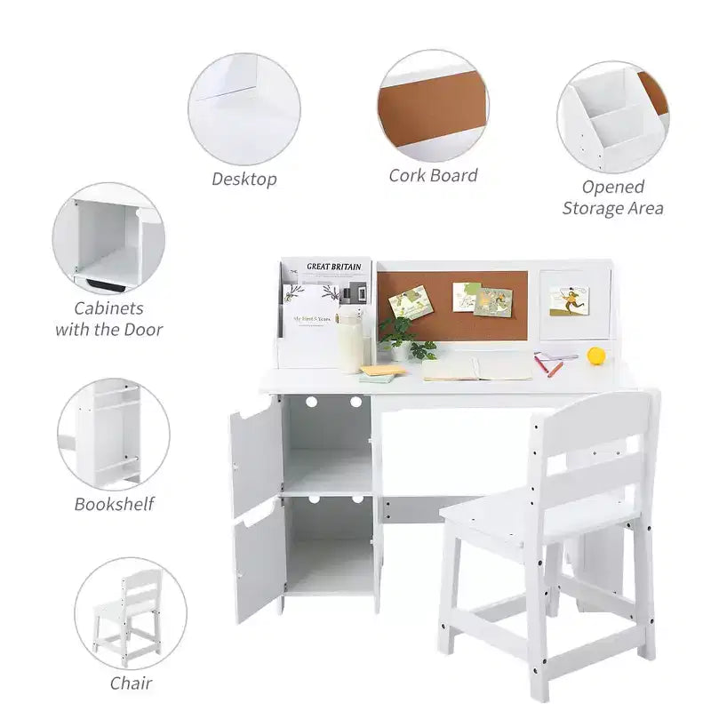 Set Scrivania e Sedia per Studio, Scrivania Didattica per Bambini - Con Scaffale, Bacheca, Mobiletti - Perfetto per Bambini dai 3 agli 8 Anni