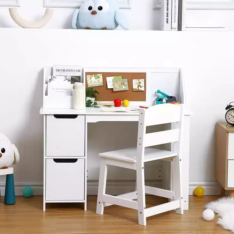 Set Scrivania e Sedia per Studio, Scrivania Didattica per Bambini - Con Scaffale, Bacheca, Mobiletti - Perfetto per Bambini dai 3 agli 8 Anni