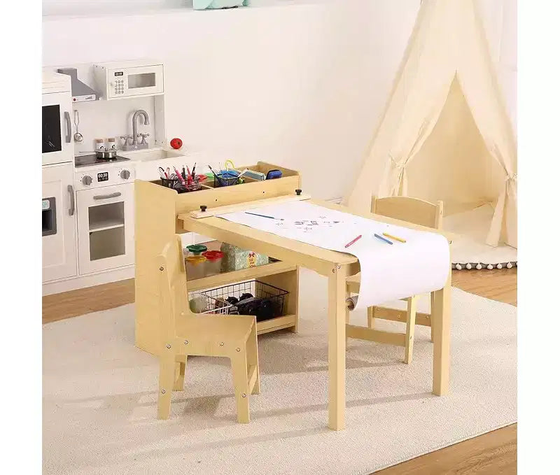 Set Scrivania e Sedia per Bambini, Scrivania d'Arte in Legno con Rotolo di Carta, Vasetti per Colori e Scaffali, Tavolo per Attività Creative 2 in 1 per Disegnare, Dipingere e Scrivere