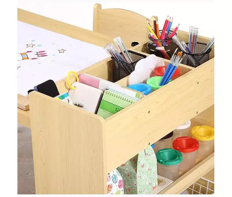 Set Scrivania e Sedia per Bambini, Scrivania d'Arte in Legno con Rotolo di Carta, Vasetti per Colori e Scaffali, Tavolo per Attività Creative 2 in 1 per Disegnare, Dipingere e Scrivere