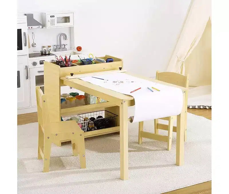 Set Scrivania e Sedia per Bambini, Scrivania d'Arte in Legno con Rotolo di Carta, Vasetti per Colori e Scaffali, Tavolo per Attività Creative 2 in 1 per Disegnare, Dipingere e Scrivere