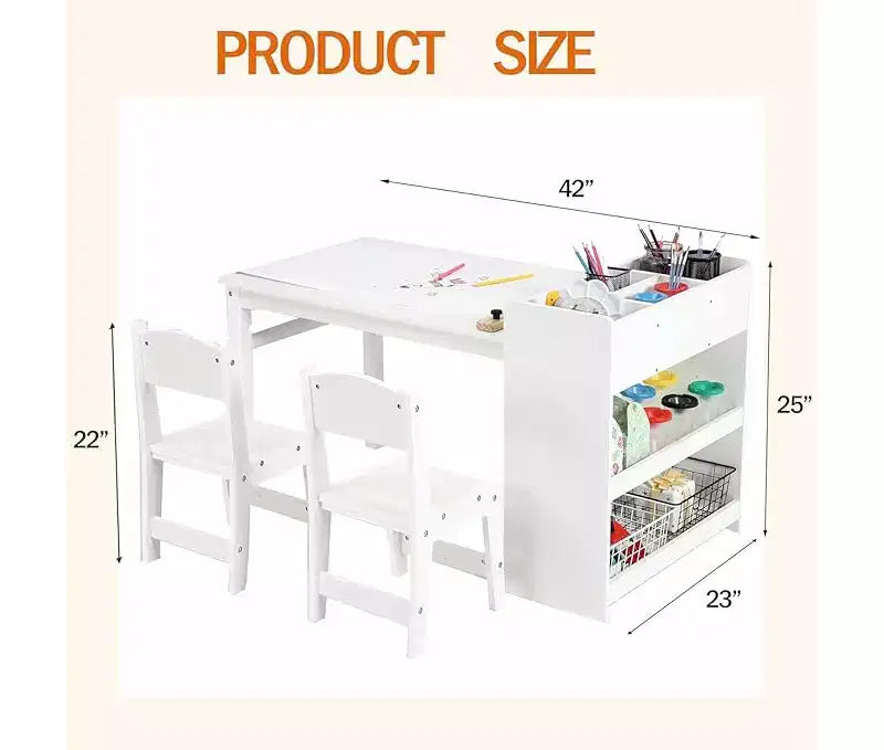 Set Scrivania e Sedia per Bambini, Scrivania d'Arte in Legno con Rotolo di Carta, Vasetti per Colori e Scaffali, Tavolo per Attività Creative 2 in 1 per Disegnare, Dipingere e Scrivere