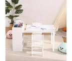 Set Scrivania e Sedia per Bambini, Scrivania d'Arte in Legno con Rotolo di Carta, Vasetti per Colori e Scaffali, Tavolo per Attività Creative 2 in 1 per Disegnare, Dipingere e Scrivere