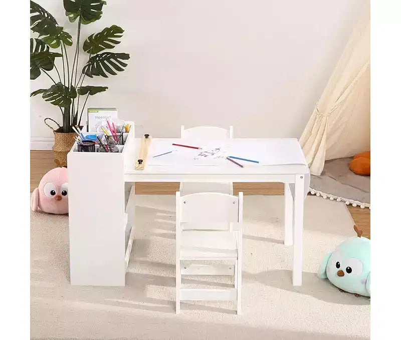 Set Scrivania e Sedia per Bambini, Scrivania d'Arte in Legno con Rotolo di Carta, Vasetti per Colori e Scaffali, Tavolo per Attività Creative 2 in 1 per Disegnare, Dipingere e Scrivere