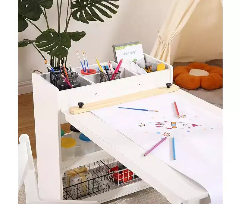 Set Scrivania e Sedia per Bambini, Scrivania d'Arte in Legno con Rotolo di Carta, Vasetti per Colori e Scaffali, Tavolo per Attività Creative 2 in 1 per Disegnare, Dipingere e Scrivere