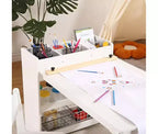 Set Scrivania e Sedia per Bambini, Scrivania d'Arte in Legno con Rotolo di Carta, Vasetti per Colori e Scaffali, Tavolo per Attività Creative 2 in 1 per Disegnare, Dipingere e Scrivere