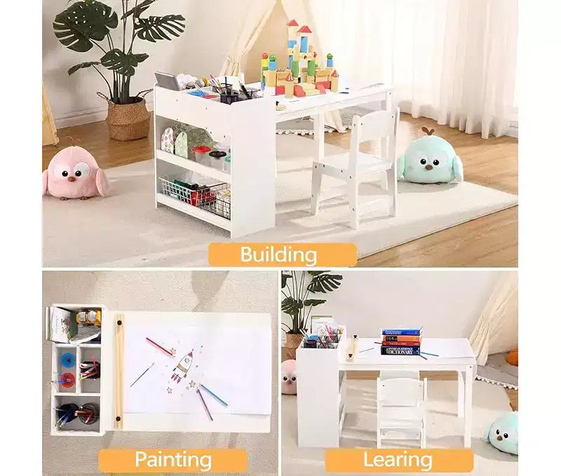 Set Scrivania e Sedia per Bambini, Scrivania d'Arte in Legno con Rotolo di Carta, Vasetti per Colori e Scaffali, Tavolo per Attività Creative 2 in 1 per Disegnare, Dipingere e Scrivere