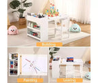 Set Scrivania e Sedia per Bambini, Scrivania d'Arte in Legno con Rotolo di Carta, Vasetti per Colori e Scaffali, Tavolo per Attività Creative 2 in 1 per Disegnare, Dipingere e Scrivere
