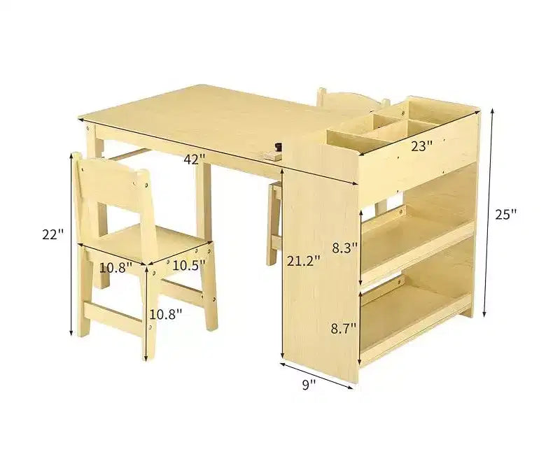 Set Scrivania e Sedia per Bambini, Scrivania d'Arte in Legno con Rotolo di Carta, Vasetti per Colori e Scaffali, Tavolo per Attività Creative 2 in 1 per Disegnare, Dipingere e Scrivere