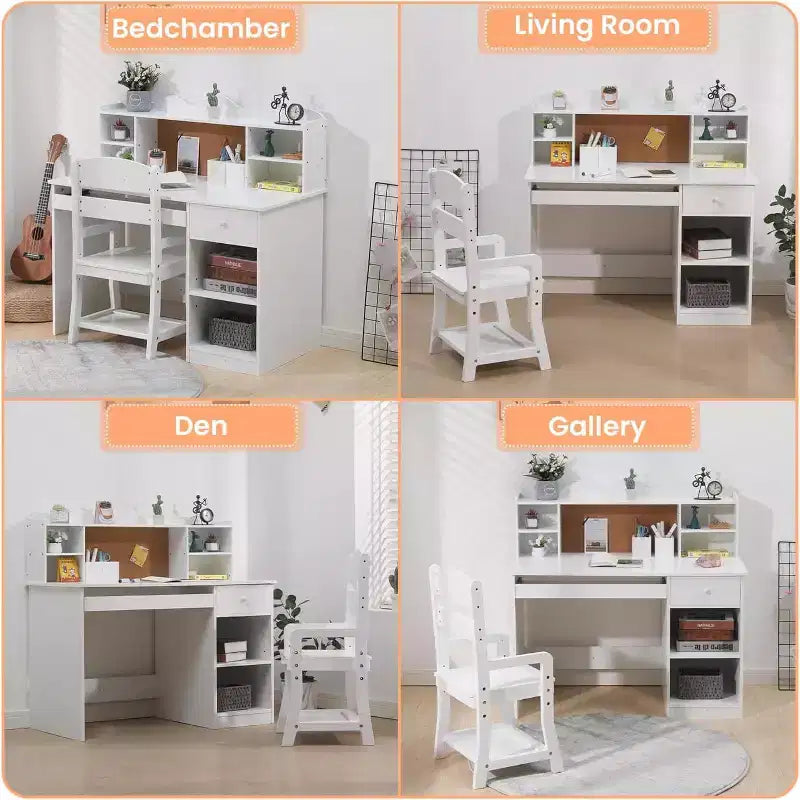 Scrivania e Sedia per Bambini, Tavolo da Studio Regolabile con Cassettiera, Scrivania per Studenti con Pannello in Sughero, Vassoio per Tastiera e Contenitore, Mobili da Studio Bianchi per Bambini