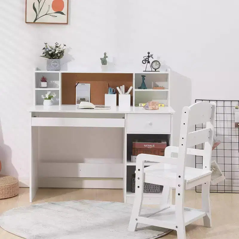 Scrivania e Sedia per Bambini, Tavolo da Studio Regolabile con Cassettiera, Scrivania per Studenti con Pannello in Sughero, Vassoio per Tastiera e Contenitore, Mobili da Studio Bianchi per Bambini