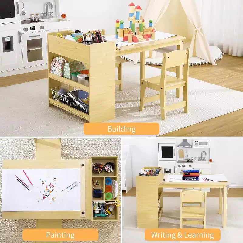 Tavolo da Arte per Bambini con Set di 2 Sedie, Scrivania Artigianale in Legno per Bambini con Ripiani Portaoggetti, Tavoli da Lavoro per Bambini dai 2 ai 10 Anni, Tavolo da Disegno per Attività