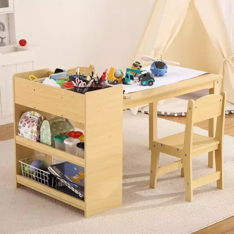 Tavolo da Arte per Bambini con Set di 2 Sedie, Scrivania Artigianale in Legno per Bambini con Ripiani Portaoggetti, Tavoli da Lavoro per Bambini dai 2 ai 10 Anni, Tavolo da Disegno per Attività