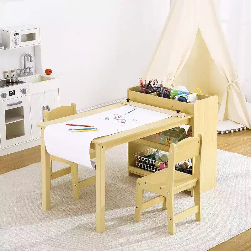 Tavolo da Arte per Bambini con Set di 2 Sedie, Scrivania Artigianale in Legno per Bambini con Ripiani Portaoggetti, Tavoli da Lavoro per Bambini dai 2 ai 10 Anni, Tavolo da Disegno per Attività