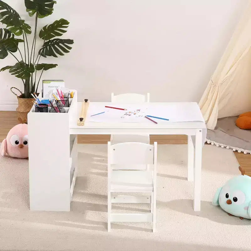 Tavolo da Arte per Bambini con Set di 2 Sedie, Scrivania Artigianale in Legno per Bambini con Ripiani Portaoggetti, Tavoli da Lavoro per Bambini dai 2 ai 10 Anni, Tavolo da Disegno per Attività