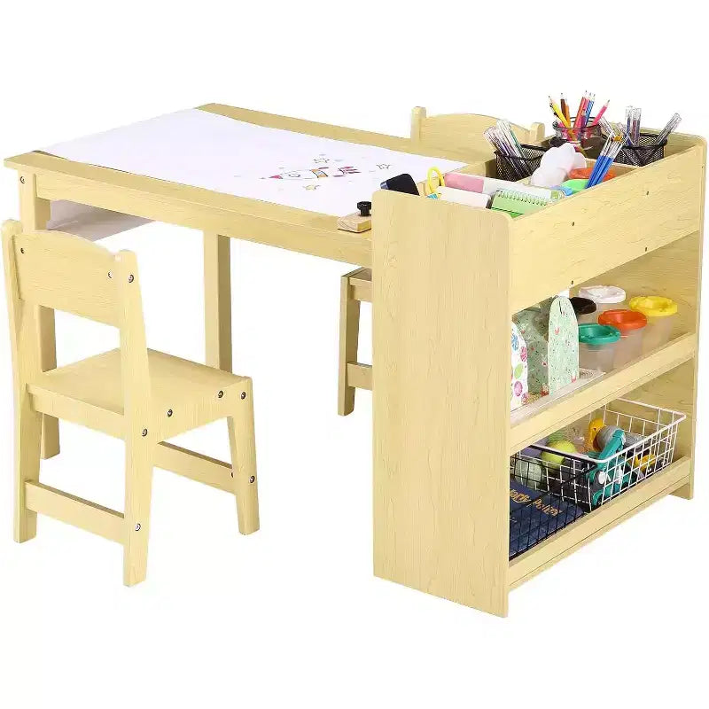 Tavolo da Arte per Bambini con Set di 2 Sedie, Scrivania Artigianale in Legno per Bambini con Ripiani Portaoggetti, Tavoli da Lavoro per Bambini dai 2 ai 10 Anni, Tavolo da Disegno per Attività
