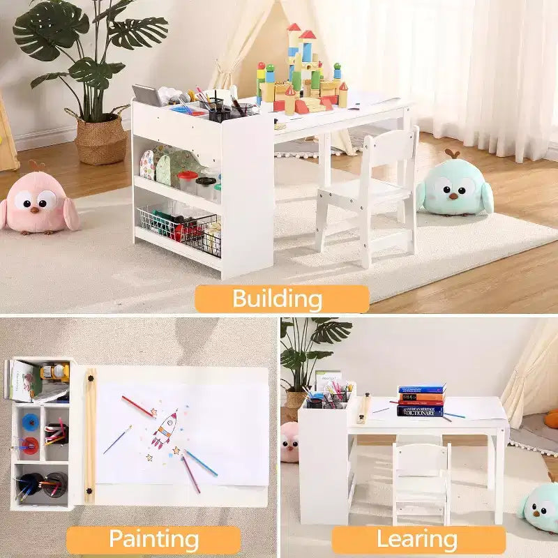 Tavolino da arte per bambini con set di 2 sedie, scrivania artigianale in legno per bambini con ripiani portaoggetti, tavoli artigianali per bambini dai 2 ai 10 anni, tavolo da disegno per attività