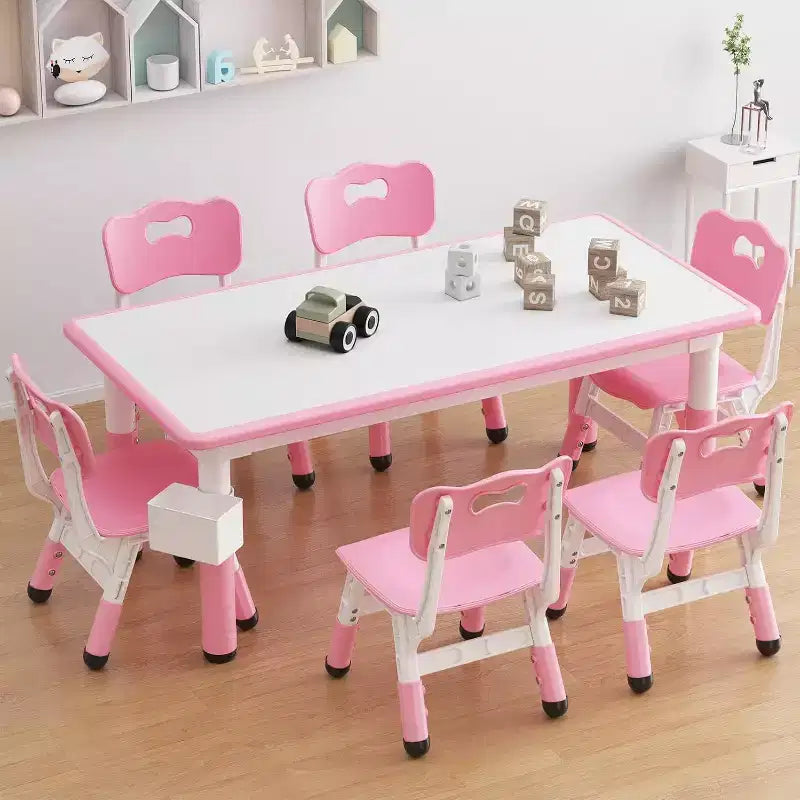 Set Tavolo e 6 Sedie per Bambini, Tavolo per Bambini Regolabile in Altezza, Scrivania Graffiti, Tavolo da Studio per Bambini per 6 Posti per Asilo Nido Casa Scuola Materna per Età 2-10 Anni