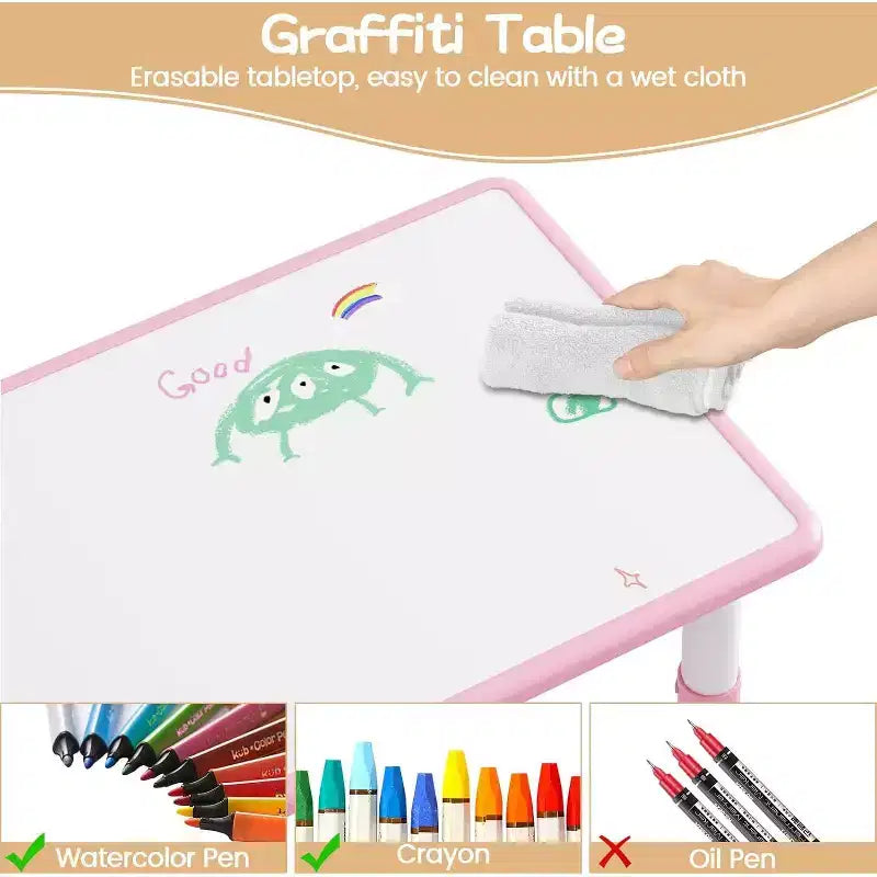Set Tavolo e 6 Sedie per Bambini, Tavolo per Bambini Regolabile in Altezza, Scrivania Graffiti, Tavolo da Studio per Bambini per 6 Posti per Asilo Nido Casa Scuola Materna per Età 2-10 Anni