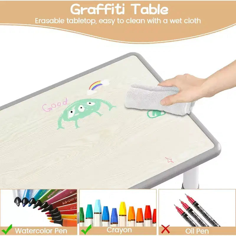 Set Tavolo e 6 Sedie per Bambini, Tavolo per Bambini Regolabile in Altezza, Scrivania Graffiti, Tavolo da Studio per Bambini per 6 Posti per Asilo Nido Casa Scuola Materna per Età 2-10 Anni