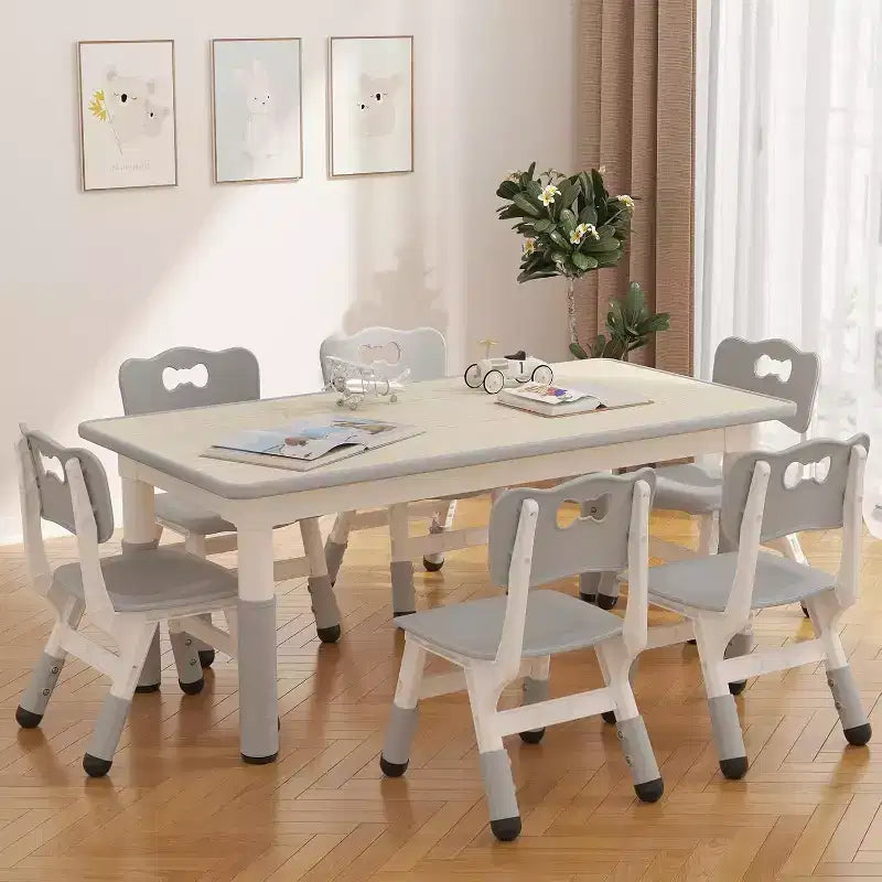 Set Tavolo e 6 Sedie per Bambini, Tavolo per Bambini Regolabile in Altezza, Scrivania Graffiti, Tavolo da Studio per Bambini per 6 Posti per Asilo Nido Casa Scuola Materna per Età 2-10 Anni