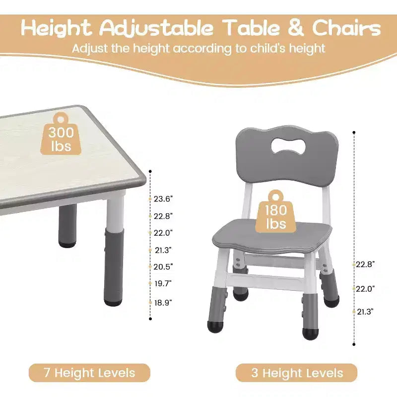 Set Tavolo e Sedie per Bambini, Tavolo per Bambini Regolabile in Altezza per Età 2-10, Gambe Antiscivolo, Tavolo per Attività Artigianali, Tavolo per Attività per Bambini per Asilo Nido e Casa