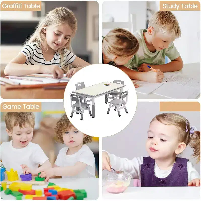 Set Tavolo e Sedie per Bambini, Tavolo per Bambini Regolabile in Altezza per Età 2-10, Gambe Antiscivolo, Tavolo per Attività Artigianali, Tavolo per Attività per Bambini per Asilo Nido e Casa
