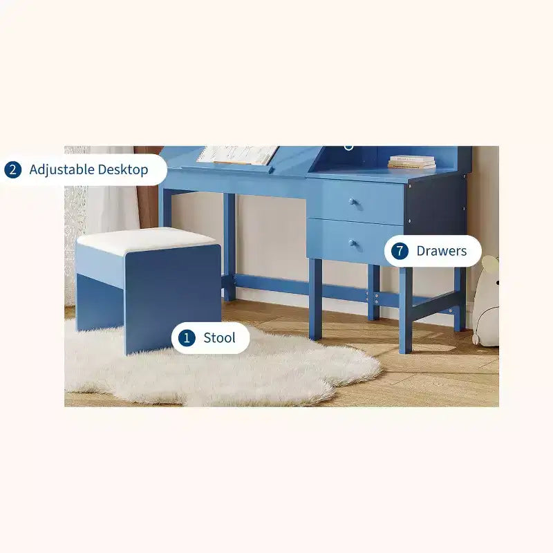 Set Scrivania e Sedia per Bambini, Tavolo Studio in Legno con Piano Inclinabile Regolabile, Cassetti e Bacheca in Sughero - Set Scrivania per l'Apprendimento Scolastico per Bambini dai 3 agli 8 Anni