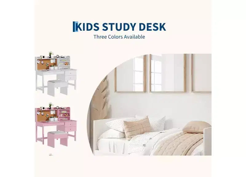 Set Scrivania e Sedia per Bambini, Tavolo Studio in Legno con Piano Inclinabile Regolabile, Cassetti e Bacheca in Sughero - Set Scrivania per l'Apprendimento Scolastico per Bambini dai 3 agli 8 Anni