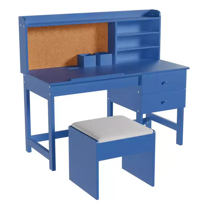 Set Scrivania e Sedia per Bambini, Tavolo Studio in Legno con Piano Inclinabile Regolabile, Cassetti e Bacheca in Sughero - Set Scrivania per l'Apprendimento Scolastico per Bambini dai 3 agli 8 Anni
