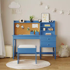 Set Scrivania e Sedia per Bambini, Tavolo Studio in Legno con Piano Inclinabile Regolabile, Cassetti e Bacheca in Sughero - Set Scrivania per l'Apprendimento Scolastico per Bambini dai 3 agli 8 Anni