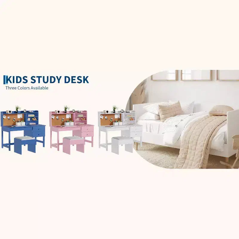 Set Scrivania e Sedia per Bambini, Tavolo Studio in Legno con Piano Inclinabile Regolabile, Cassetti e Bacheca in Sughero - Set Scrivania per l'Apprendimento Scolastico per Bambini dai 3 agli 8 Anni
