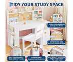 Set Scrivania e Sedia per Bambini con Contenitore, Scrivania per Bambini con Credenza e Piano Inclinabile, Tavolo per Bambini in Legno con Mobiletto Contenitore