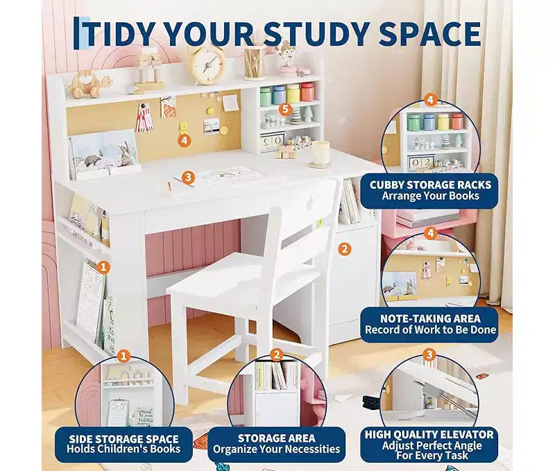 Set Scrivania e Sedia per Bambini con Contenitore, Scrivania per Bambini con Credenza e Piano Inclinabile, Tavolo per Bambini in Legno con Mobiletto Contenitore