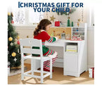 Set Scrivania e Sedia per Bambini con Contenitore, Scrivania per Bambini con Credenza e Piano Inclinabile, Tavolo per Bambini in Legno con Mobiletto Contenitore
