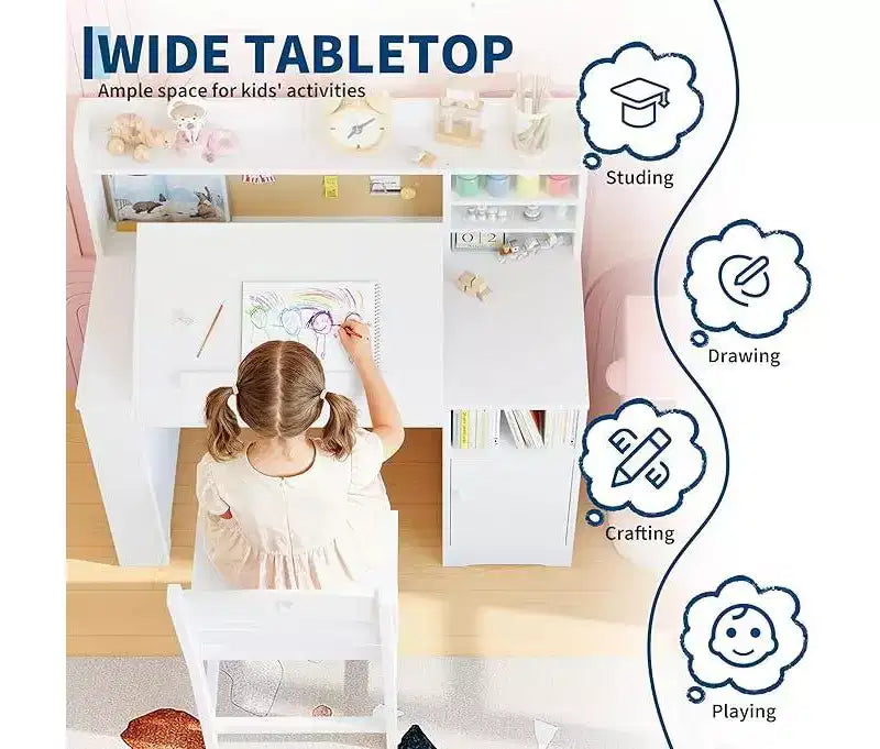 Set Scrivania e Sedia per Bambini con Contenitore, Scrivania per Bambini con Credenza e Piano Inclinabile, Tavolo per Bambini in Legno con Mobiletto Contenitore