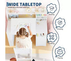 Set Scrivania e Sedia per Bambini con Contenitore, Scrivania per Bambini con Credenza e Piano Inclinabile, Tavolo per Bambini in Legno con Mobiletto Contenitore
