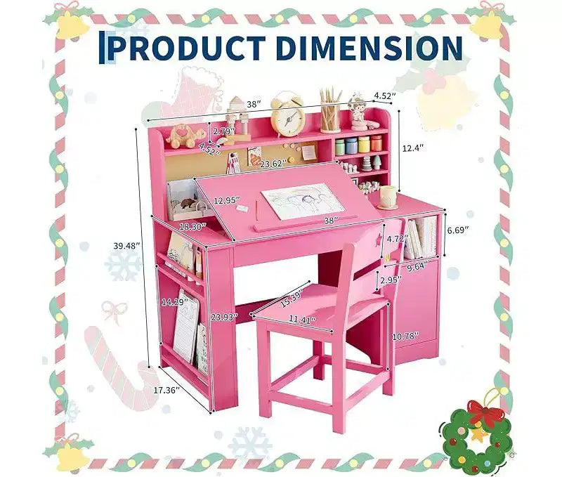 Set Scrivania e Sedia per Bambini con Contenitore, Scrivania per Bambini con Credenza e Piano Inclinabile, Tavolo per Bambini in Legno con Mobiletto Contenitore