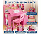 Set Scrivania e Sedia per Bambini con Contenitore, Scrivania per Bambini con Credenza e Piano Inclinabile, Tavolo per Bambini in Legno con Mobiletto Contenitore