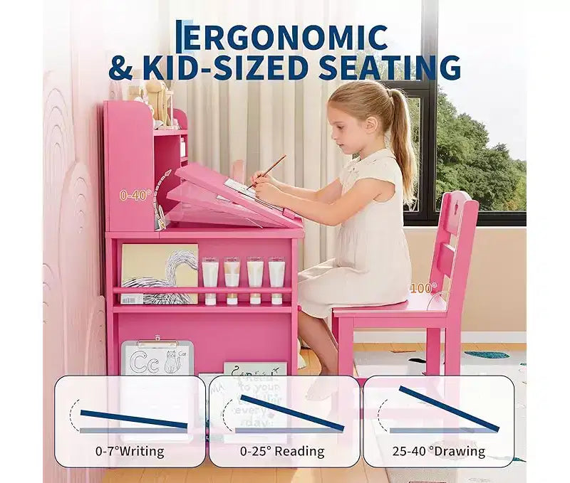 Set Scrivania e Sedia per Bambini con Contenitore, Scrivania per Bambini con Credenza e Piano Inclinabile, Tavolo per Bambini in Legno con Mobiletto Contenitore