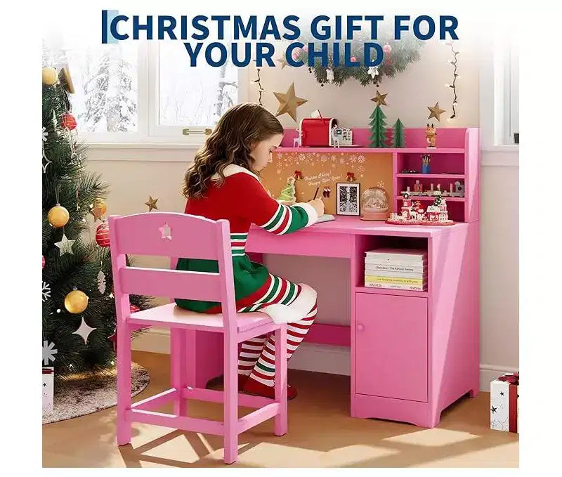 Set Scrivania e Sedia per Bambini con Contenitore, Scrivania per Bambini con Credenza e Piano Inclinabile, Tavolo per Bambini in Legno con Mobiletto Contenitore