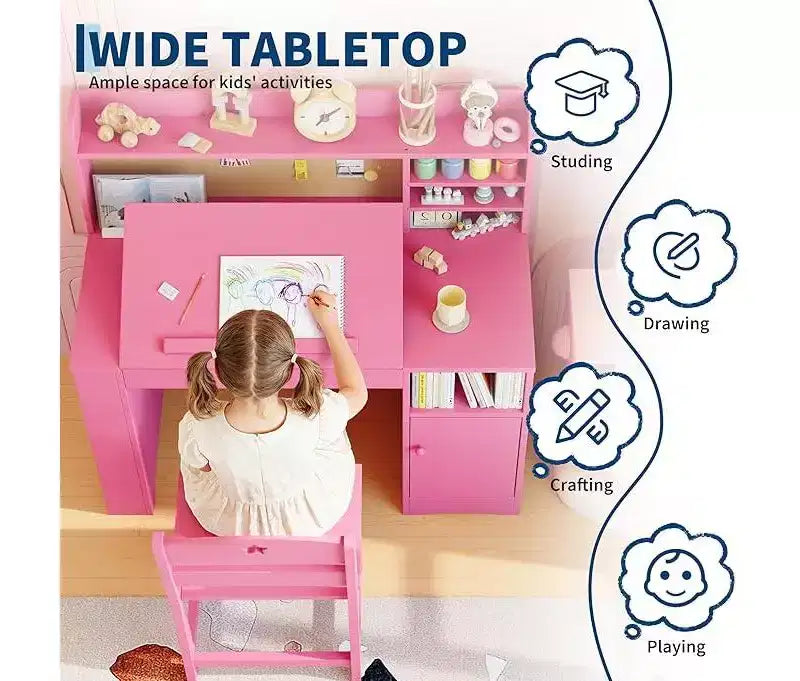 Set Scrivania e Sedia per Bambini con Contenitore, Scrivania per Bambini con Credenza e Piano Inclinabile, Tavolo per Bambini in Legno con Mobiletto Contenitore