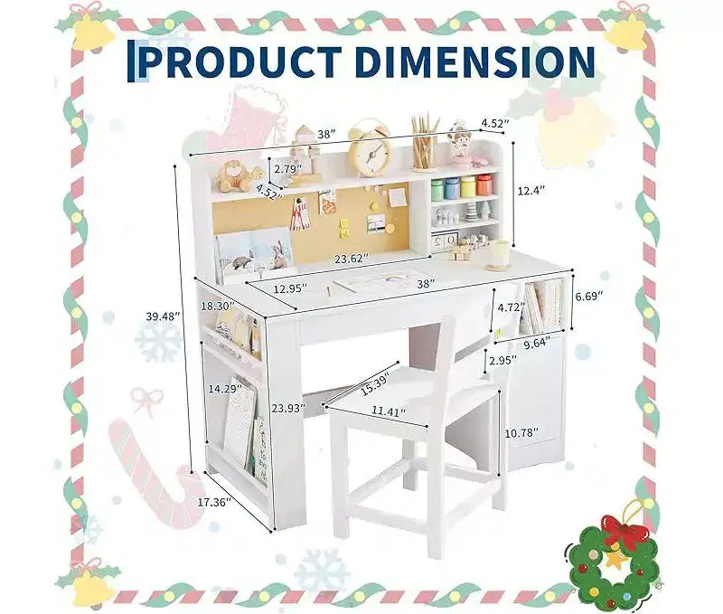 Set Scrivania e Sedia per Bambini con Contenitore, Scrivania per Bambini con Credenza e Piano Inclinabile, Tavolo per Bambini in Legno con Mobiletto Contenitore