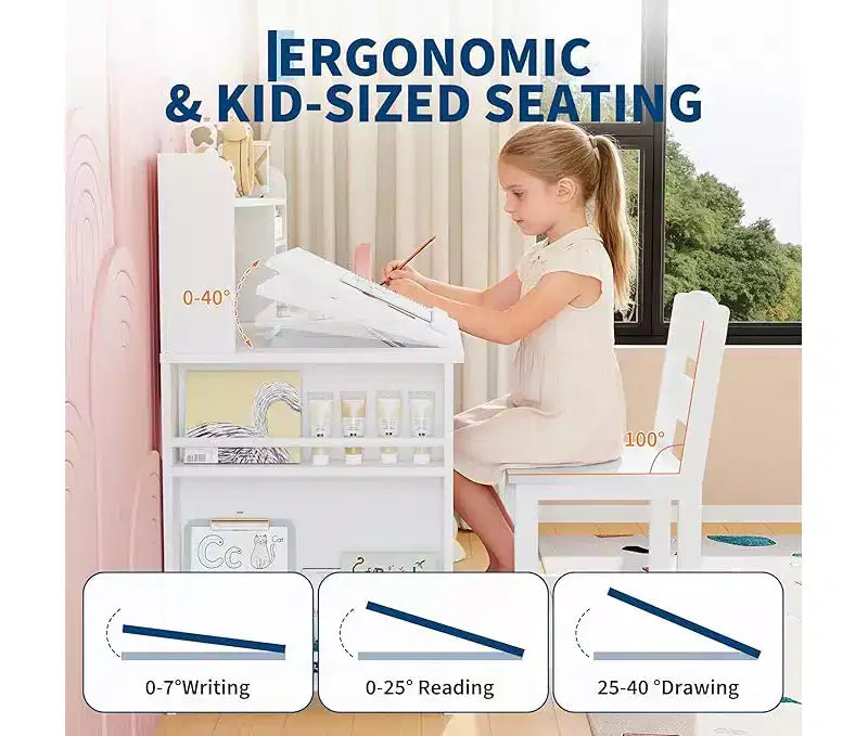 Set Scrivania e Sedia per Bambini con Contenitore, Scrivania per Bambini con Credenza e Piano Inclinabile, Tavolo per Bambini in Legno con Mobiletto Contenitore