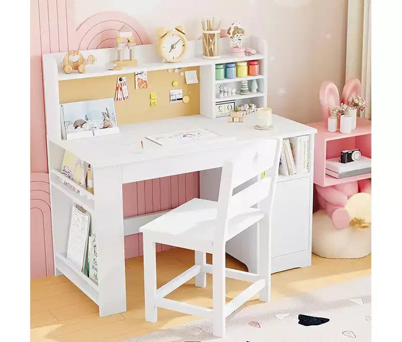 Set Scrivania e Sedia per Bambini con Contenitore, Scrivania per Bambini con Credenza e Piano Inclinabile, Tavolo per Bambini in Legno con Mobiletto Contenitore