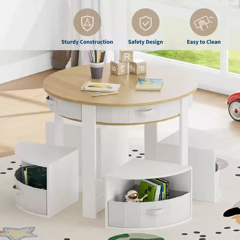Set Tavolo e Sedie Nido per Bambini in Legno a 5 Pezzi con Tavolo Rotondo per Attività, 4 Sgabelli e Cassetti in Tessuto per Giocare, Dipingere, Creare, Leggere