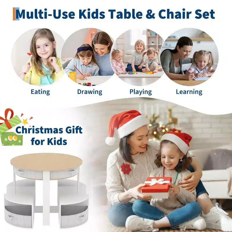 Set Tavolo e Sedie Nido per Bambini in Legno a 5 Pezzi con Tavolo Rotondo per Attività, 4 Sgabelli e Cassetti in Tessuto per Giocare, Dipingere, Creare, Leggere