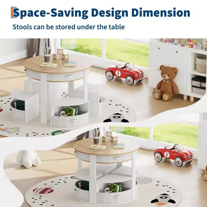 Set Tavolo e Sedie Nido per Bambini in Legno a 5 Pezzi con Tavolo Rotondo per Attività, 4 Sgabelli e Cassetti in Tessuto per Giocare, Dipingere, Creare, Leggere