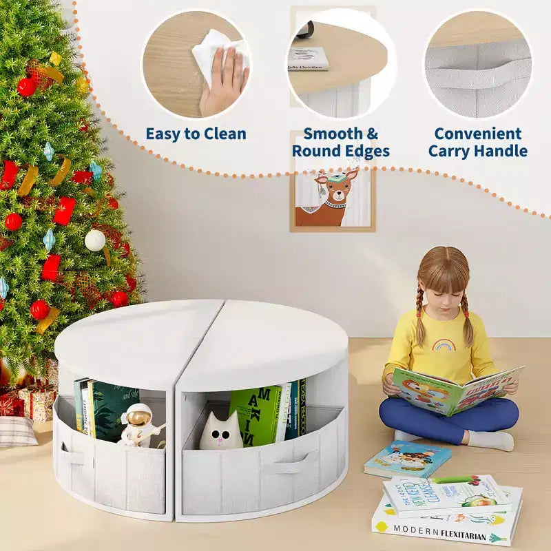 Set Tavolo e Sedie Nido per Bambini in Legno a 5 Pezzi con Tavolo Rotondo per Attività, 4 Sgabelli e Cassetti in Tessuto per Giocare, Dipingere, Creare, Leggere